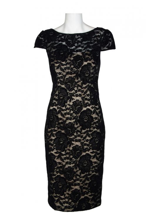 Adrianna Papell Boat Neck Cap Sleeve Zipper Back Floral Lace Dress