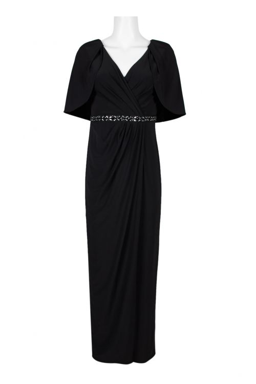 Adrianna Papell V-Neck Cape Sleeve Embellished Waist Ruched Front Zipper Back Jersey Dress
