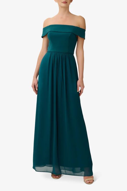 Adrianna Papell Off Shoulder Zipper Back Ruched Piping Detail Crepe Chiffon Dress