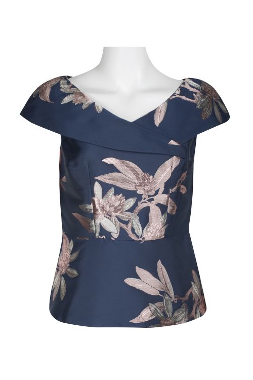 Adrianna Papell V-Neck Lapel Collar Sleeveless Zipper Back Embroidered Floral Design Top