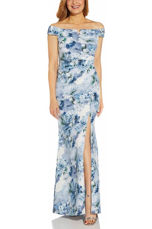 Adrianna Papell Folded Off-Shoulder Pleated Side Floral Print Slit Front Zipper Back Metallic Dress