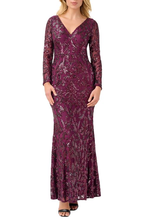 Adrianna Papell V-Neck Long Sleeve Bodycon Sequined Mesh Knit Dress
