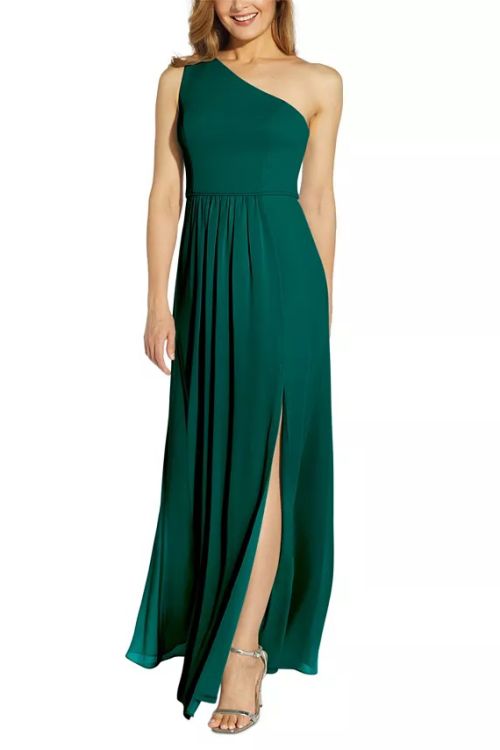 Adrianna Papell one-shoulder front slit chiffon bodycon gown