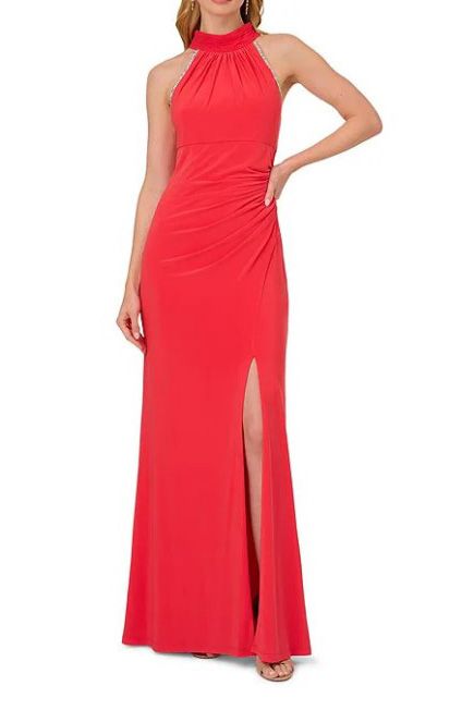 Adrianna Papell halter neck sleeveless draped side embellished zipper closure mate jersey gown