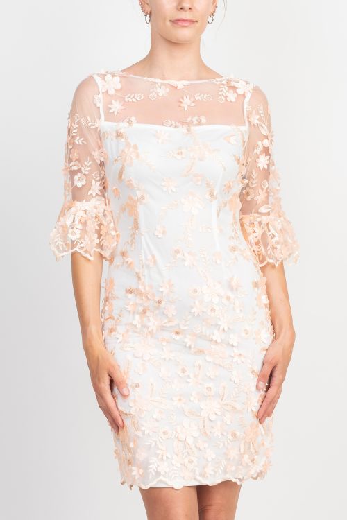 Adrianna Papell Illusion Boat Neck 3/4 Scuff Bell Sleeve 3D Floral Embroidery Throughout Sheath Woven Dress