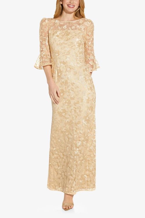 Adrianna Papell Boat Neck Back Zipper 3/4 Bell Sleeves Embroidered Long Dress