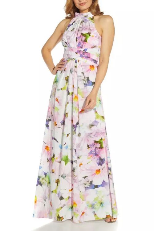 Adrianna Papell Halter Neck Sleeveless Back Zipper Floral Print Long Dress