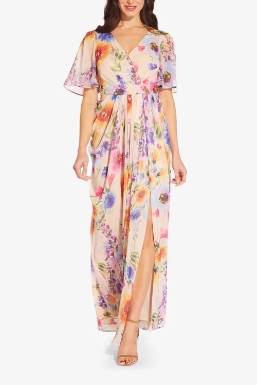 Adrianna Papell V- Neck Back Zipper Short Flutter Sleeves Draped Design Side Slit Floral Maxi Dress