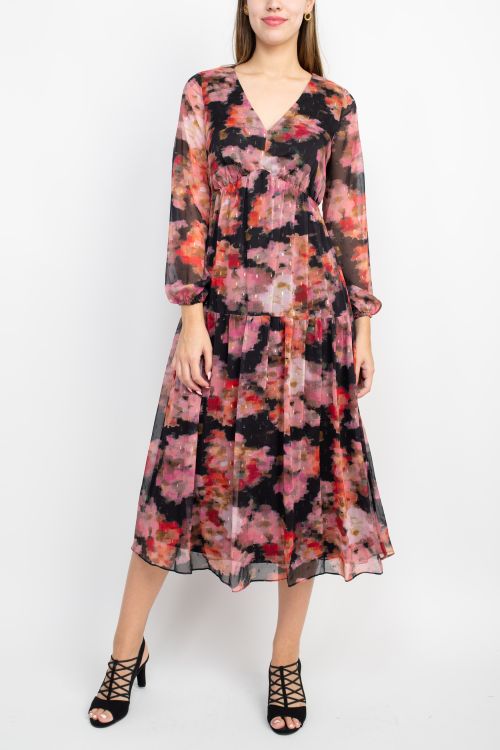 Adrianna Papell V-Neck Long Sleeve Floral Print Empire Waist Tiered Chiffon Dress