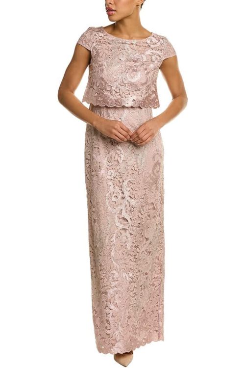 Adrianna Papell Boat Neck Cap Sleeve Popover Zipper Back with Hook & Eye Closure Lace Dress
