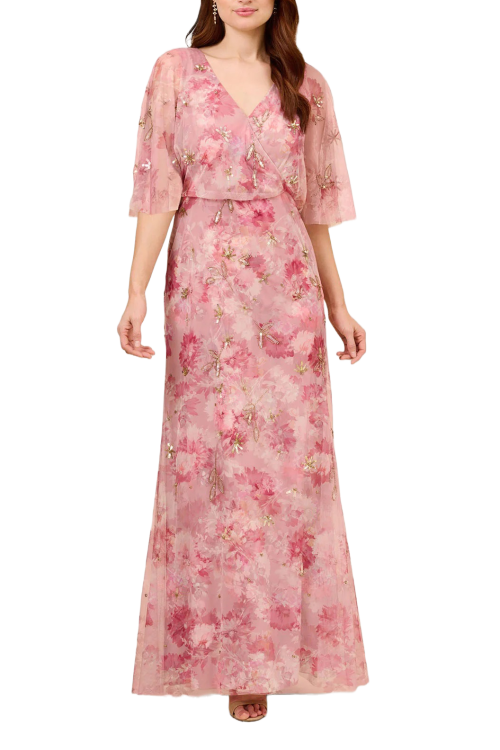 Adrianna Papell V-Neck Short Sleeve Blouson Zipper Back Embellished Floral Print Mesh Dress