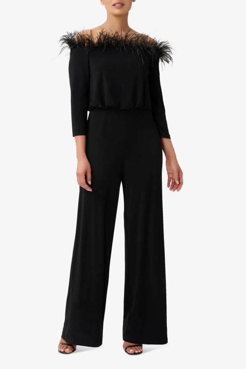 Adrianna Papell Off The Shoulder 3/4 Sleeves Back Zipper Straight Leg Jumpsuit