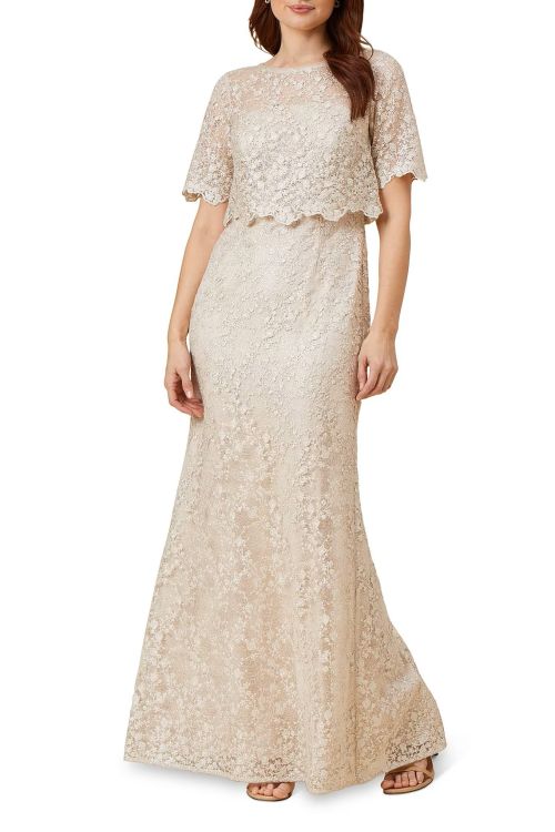 Adrianna Papell lace boat neck a-line short sleeve sequin gown