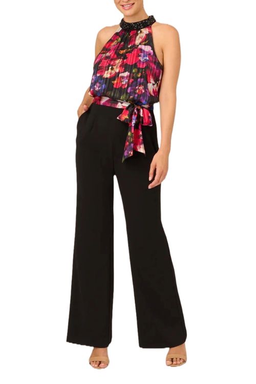 Adrianna Papell embellished halter neck floral print chiffon bodice zipper closure straight leg solid crepe pant