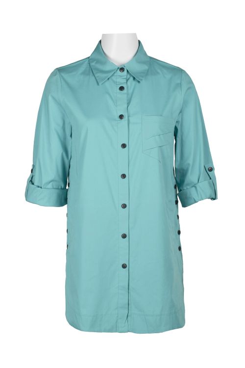 Flair Collared Button-Down Button Side 2 Way Sleeve Pockets Solid Cotton Blend Shirt