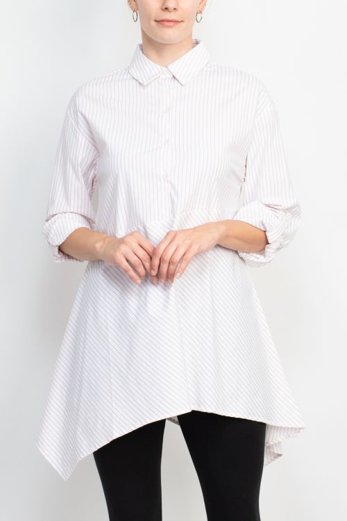 Cupio collared button down long sleeve stripe pattern cotton blend shirt