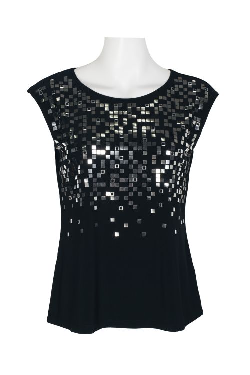Carmen Marc Valvo Crew Neck Sleeveless Front Embellished Assorted Square Sequined ITY Top