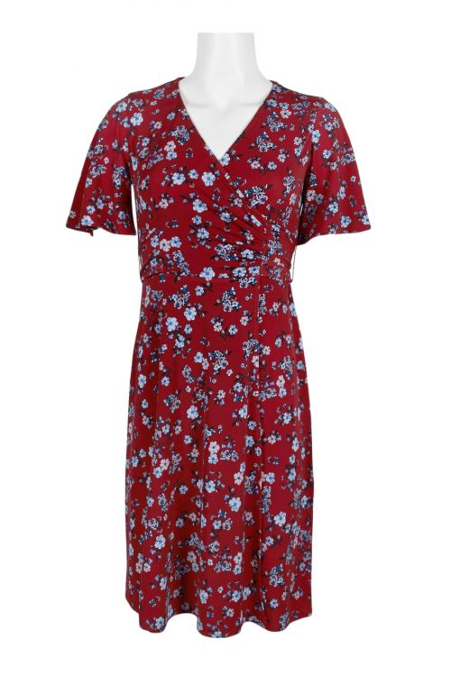 Donna Morgan V-Neck Short Sleeve Ruched Waist Tie Back Floral Print Jersey Dres