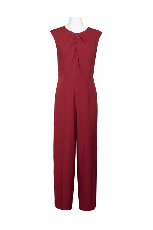 Donna Ricco Crew Neck Pleated Neck Sleeveless Functional Pockets Zipper Back Solid Crepe Jumpsuit