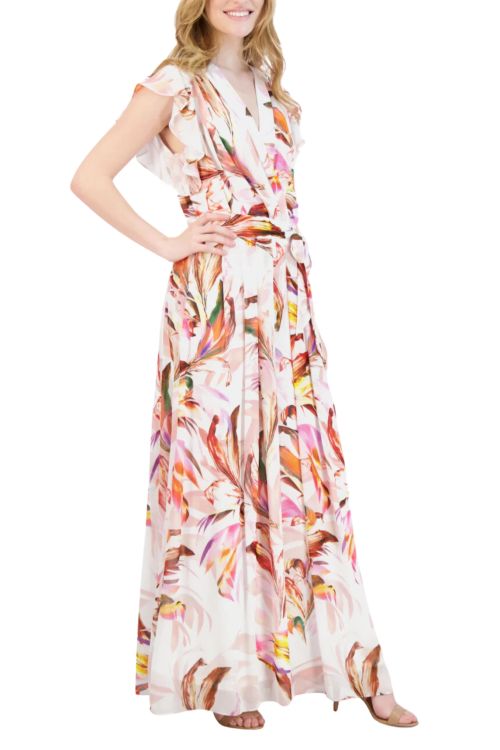 Donna Rico Flutter Sleeve V-Neckline Pleated A-Line Maxi Dress