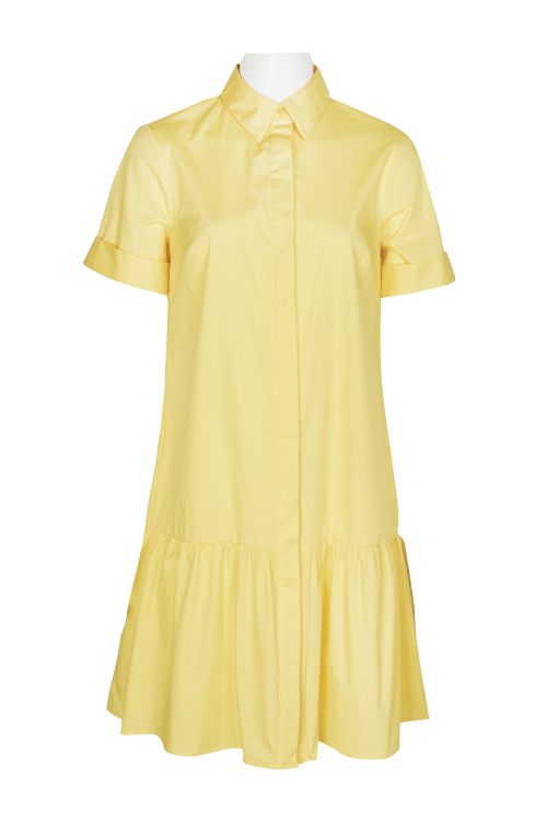 Donna Morgan Collared High Neck Button Down Folded Short Sleeve Solid Cotton Blend Dress with Pockets