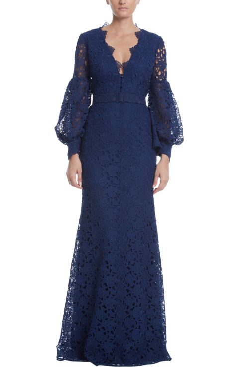 Badgley Mischka V-neck blouson sleeve crystal button detail belted zipper closure lace gown