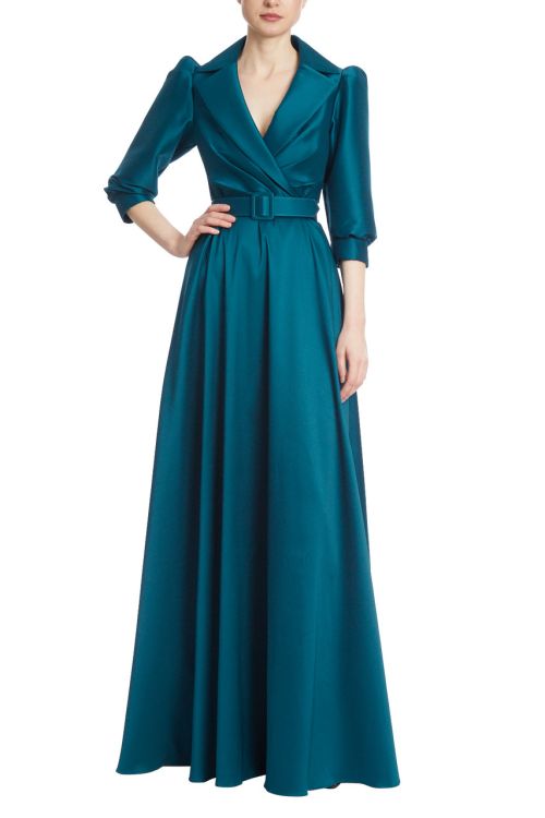 Badgley Mischka collared 3/4 sleeve pleated belted A-line zipper closure stretch mikado gown