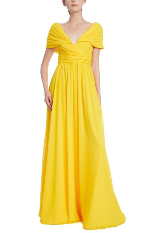 Badgley Mischka Off-shoulder V-neck zipper closure ruched bodice pleated georgette gown