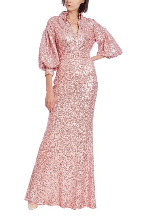 Badgley Mischka collared V-neck blouson sleeve belted zipper closure sequined gown