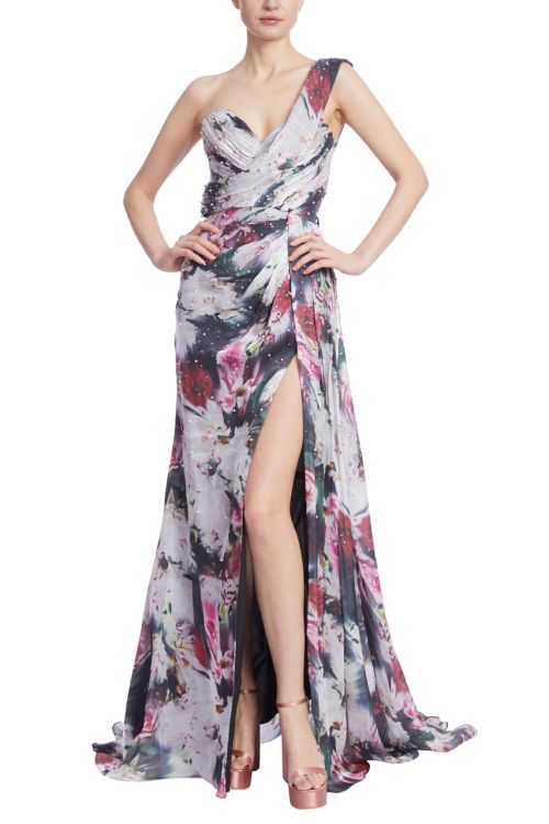 Badgley Mischka Beaded Floral One-Shoulder Front Slit Gown