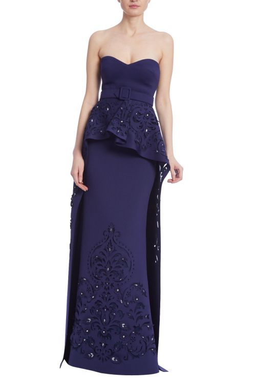 Badgley Mischka Strapless Peplum Gown with Laser-Cut Details