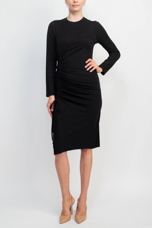 Maggy London Crew Neck Long Sleeve Gathered Side Solid Knit Dress