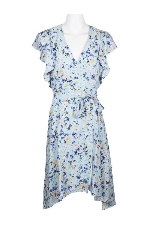 BCBGENERATION V-Neck Wrapped Tie Waist Flutter Sleeve Floral Print High Low Hem Rayon Dress