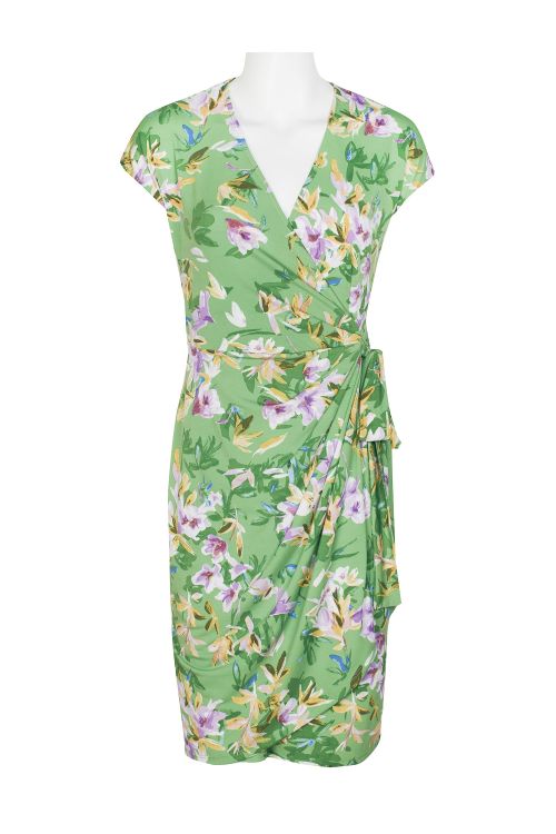 Maggy London V-Neck Sleeveless Tie Waist Gathered Side Floral Print Jersey Dress