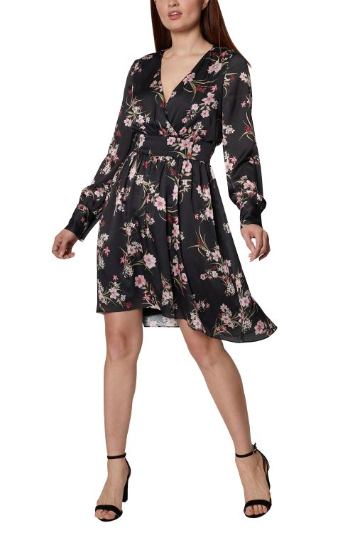 BCBG Generation V-Neck Long Sleeve Banded Waist Floral Print Fit & Flare Satin Dress