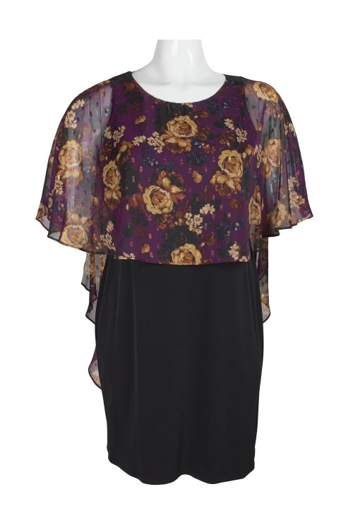 Glamour Nights Crew Neck Floral Print Embellished Chiffon Cape Short Sleeve ITY Dress (Plus Size)