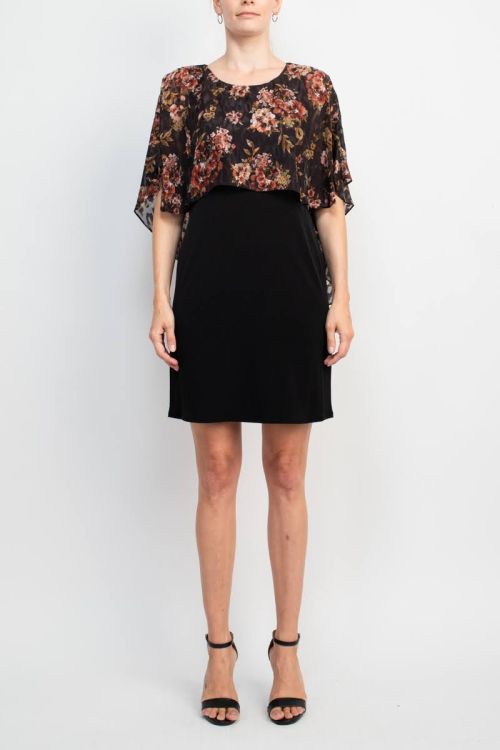 Glamour Nights Scoop Neck Floral Print Cape Short Sleeve ITY Dress