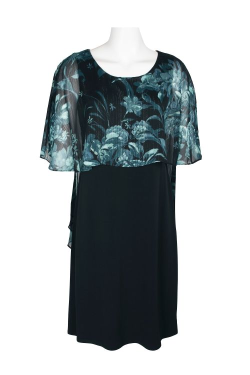 Glamour Nights Scoop Neck Floral Print Cape Sleeve Shift Chiffon ITY Dress