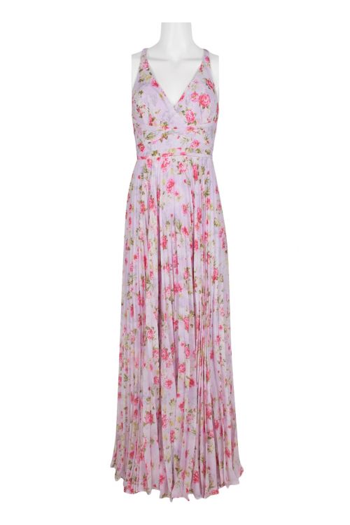 Laundry V-Neck Sleeveless Crossed Back Banded Ruched Floral Print Concealed Zipper Back Chiffon Dress