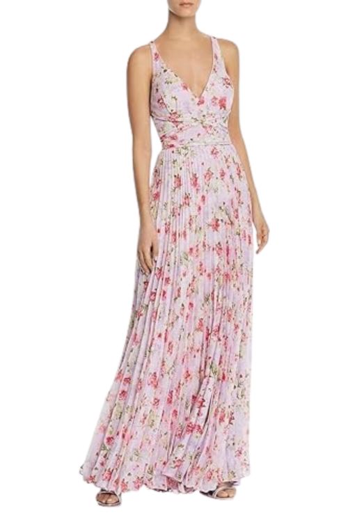 Laundry V-Neck Sleeveless Crossed Back Banded Ruched Floral Print Concealed Zipper Back Chiffon Dress