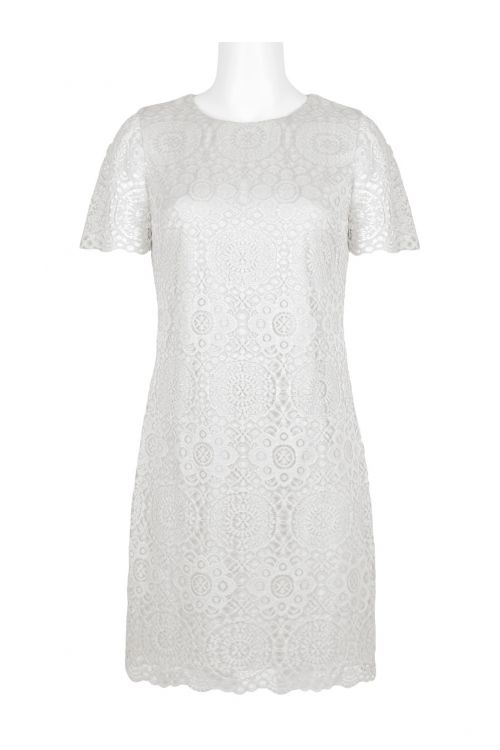 Laundry Crew Neck Short Sleeve Solid Concealed Zipper Back Shift Lace Dress
