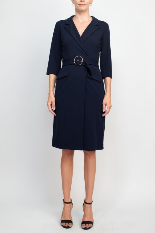 Sharagano notched collar 3/4 sleeve solid belted stretch crepe dress