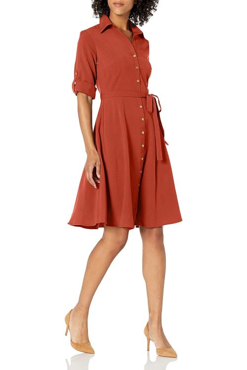 Sharagano collared short sleeve button front closure tie waist solid scuba crepe dress with pockets
