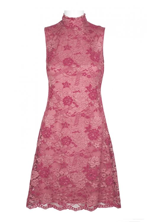 Sharagano High Neck Sleeveless Bodycon A-Line Zipper Back Floral Lace Dress
