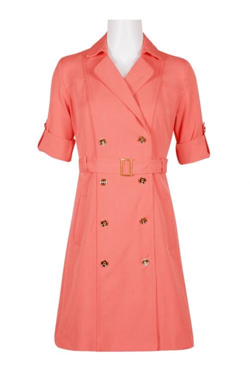 Sharagano Notched Collar Adjustable Sleeve Belted Functional Pockets Trench Coat Solid Crepe Dress