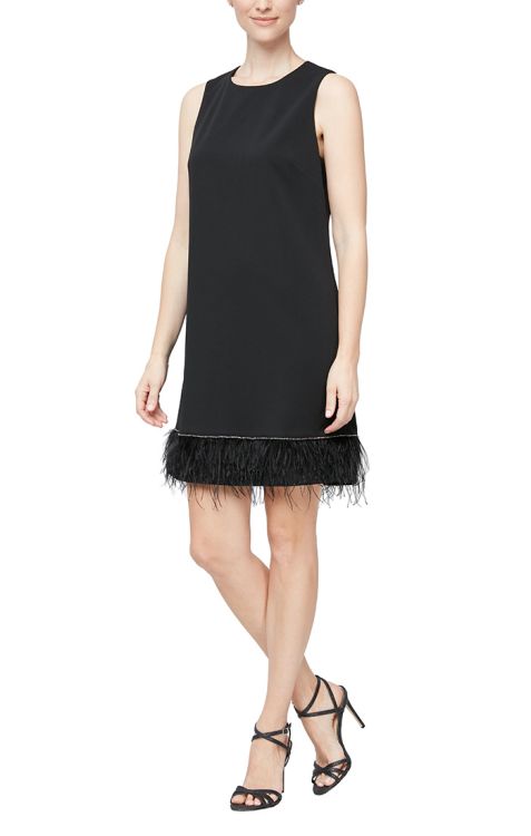 Alex Evenings Crew Neck Sleeveless Embellished Hem Solid Bodycon Stretch Crepe with Ostrich Feather