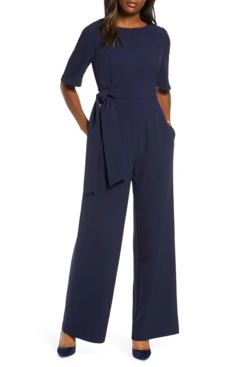 Julia Jordan Crew Neck Short Sleeve Tie Side Zipper Back Functional Pockets Crepe Jumpsuit
