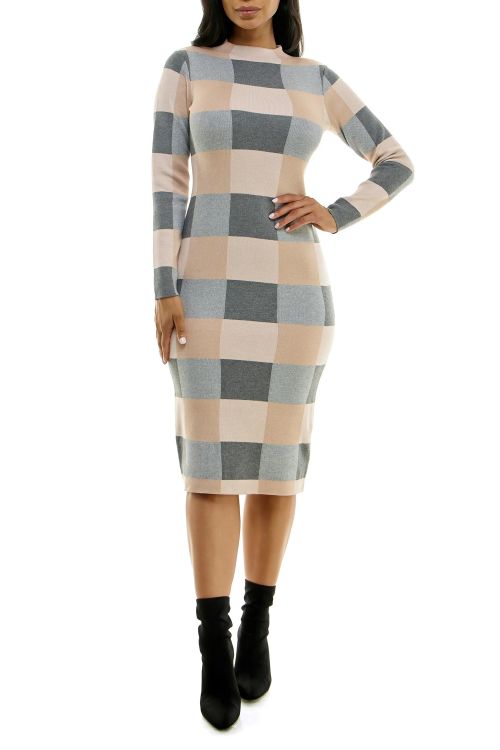 Nina Leonard mock neck long sleeve bodycon multi print sweater knit dress
