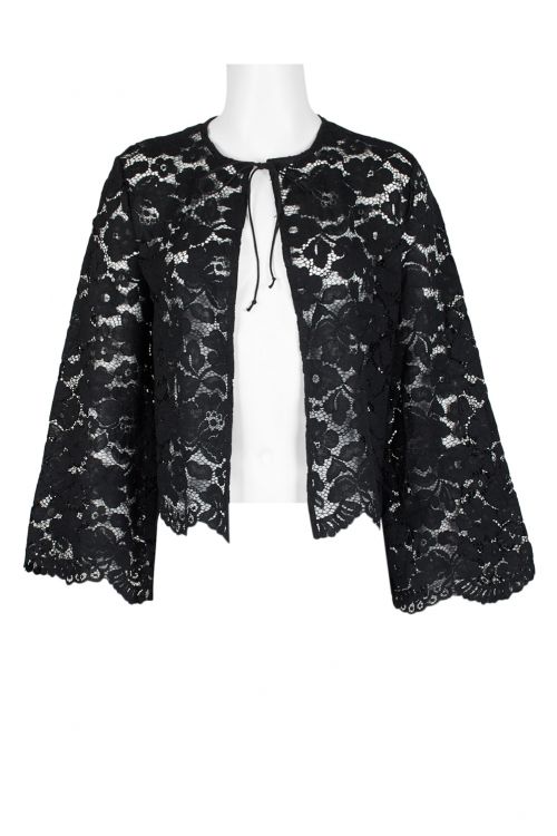 Nina Leonard Tie Crew Neck Open Front Long Sleeve Floral Lace Jacket