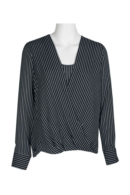 Philosophy Scoop Neck Long Sleeve Draped Front Hi-Low Striped Blouse with Inner Self Front Panel Cuffs